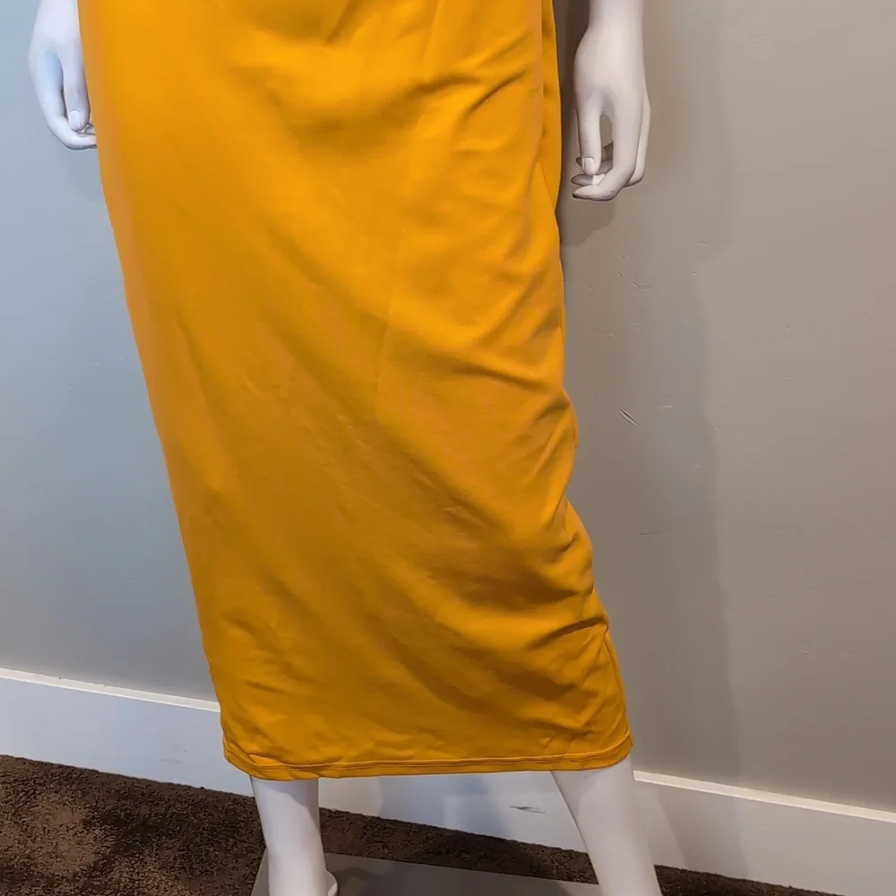SHEIN Golden Yellow Volume Sleeve V Neck Cut Out Front Slit Back Midi Dress S